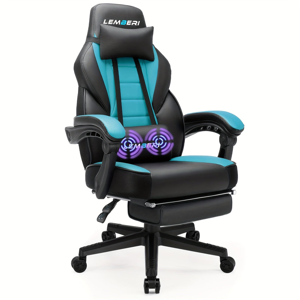 Large black and red PUKAMI gaming chair with footrest, sturdy construction, and ergonomic design, suitable for big and tall users.