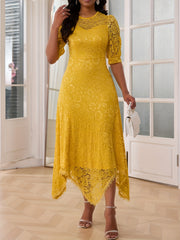 Women's Elegant Yellow Lace Dress - Slim-Fit Round Neck Long Sleeve A-Line with Asymmetrical Hem, Machine Washable Mid-Stretch Fabric for All-Season Wear HRYY281, Stylish Occasion Attire, Formal Evening Wear, Sleek Silhouette