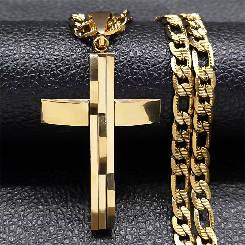Showlu men's layered cross necklace with 18K gold plated stainless steel, featuring multiple chain layers and a stylish pendant.