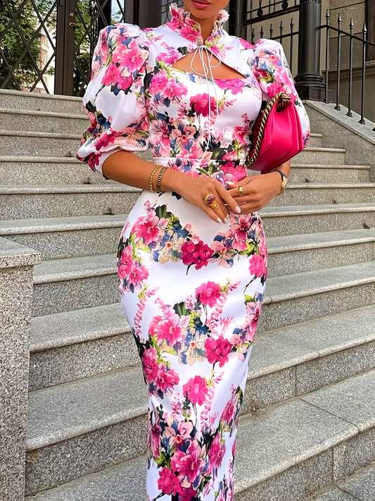 Women'S Floral Print Sheath Dress with Stand Collar - Elegant Short Sleeve, Fitted, Casual Style, All-Season Wear, Adult Size, Casual Attire | Floral Print Dress | Stand Collar Neckline, Floral Print Dress