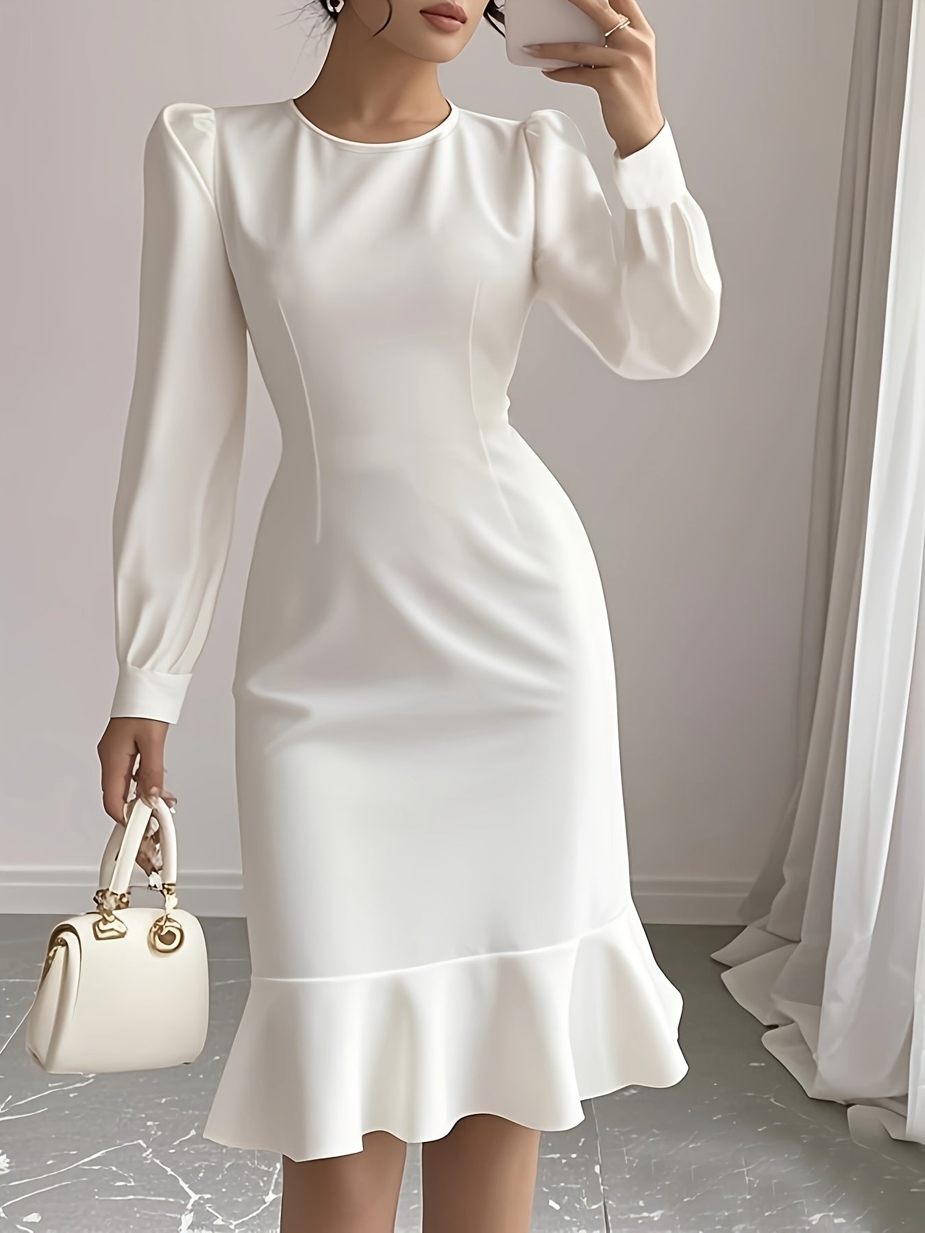 Beige SHOWLU FASHION women's slim fit long sleeve knit dress displayed on a mannequin. Elegant and stylish for casual or formal wear.