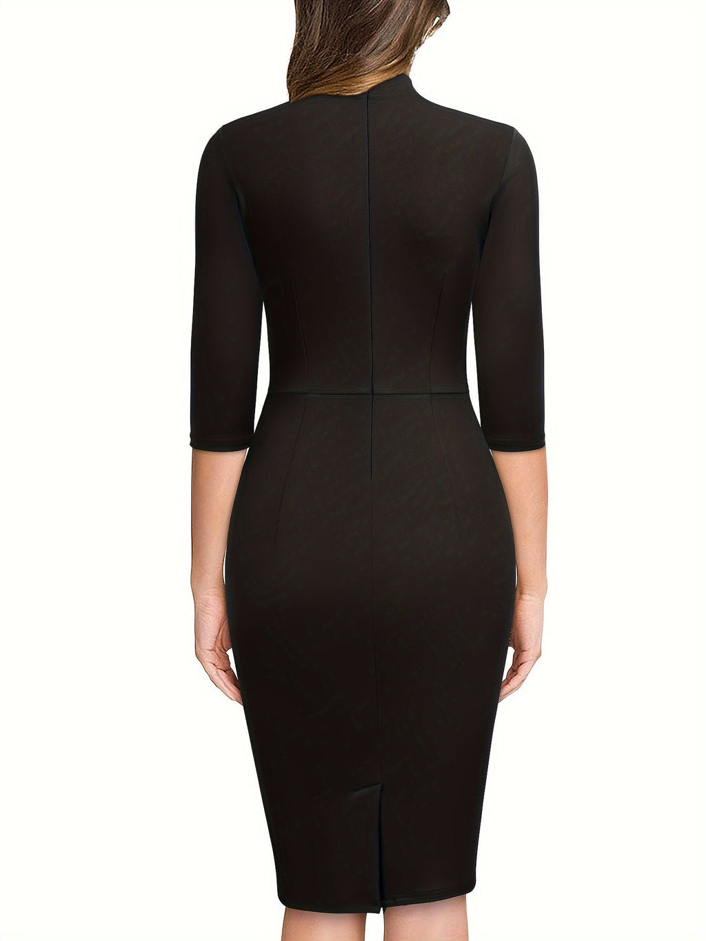 SHOWLU FASHION Women's three-quarter sleeve tie-neck sheath dress displayed on a hanger, showcasing a stylish and elegant design.