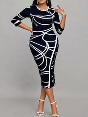 Women'S Stylish Elegant Long-Sleeved Printed Hip Dress