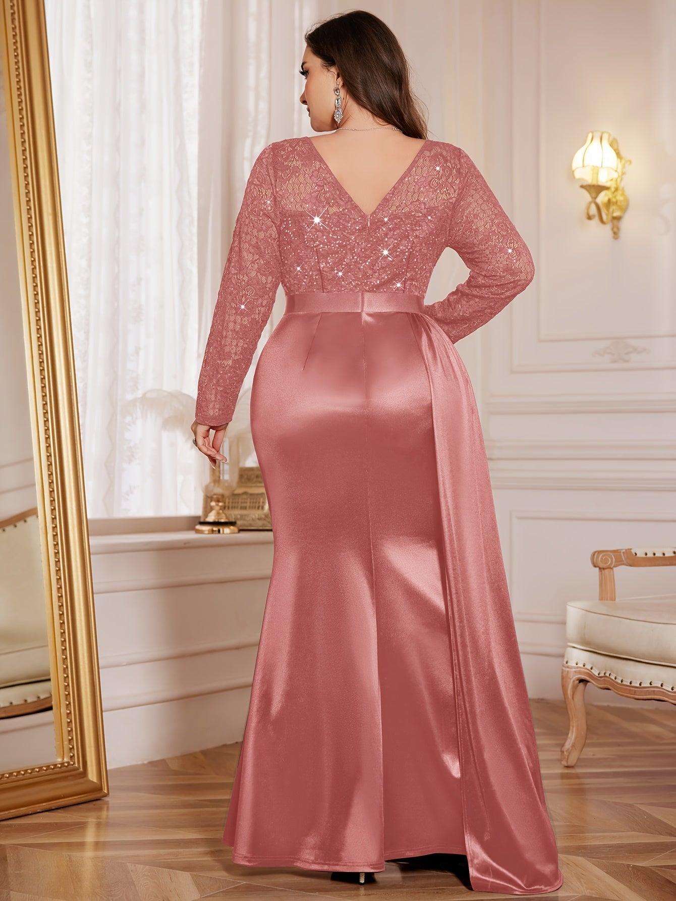 Sequin lace V-neck long sleeve plus size mermaid gown by SHOWLU FASHION, featuring intricate details and a fitted silhouette.