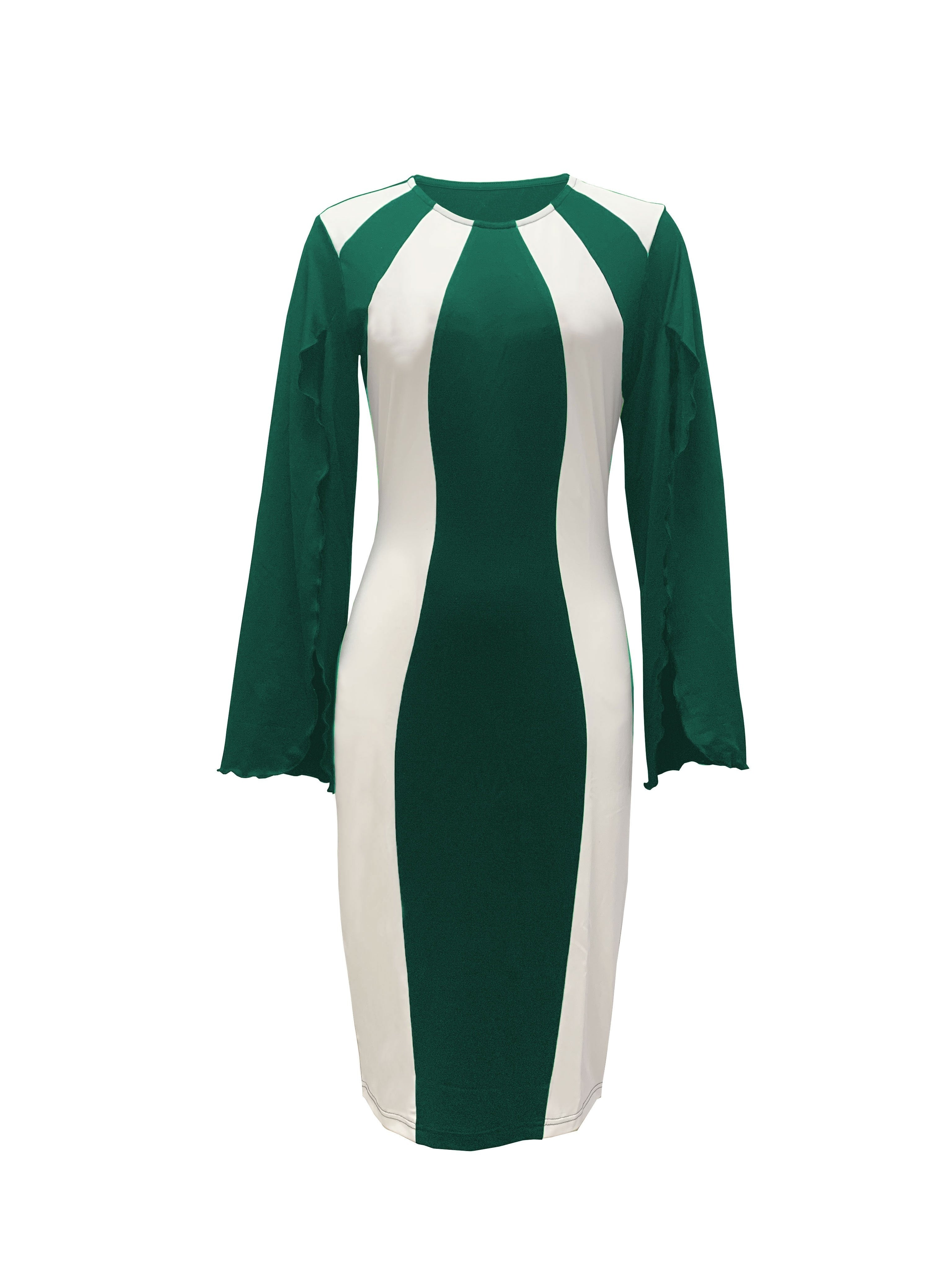 SHOWLU Color Block Bodycon Dress with black and white split cuffs, made of knit fabric, featuring a fitted silhouette and bold style.
