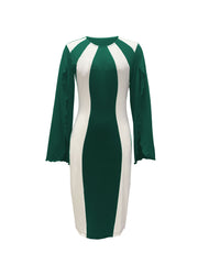 Elegant Black & White Color Block Bodycon Dress with Split Cuffs - Stretchy Polyester & Spandex Blend, Machine Washable - Perfect for All Seasons
