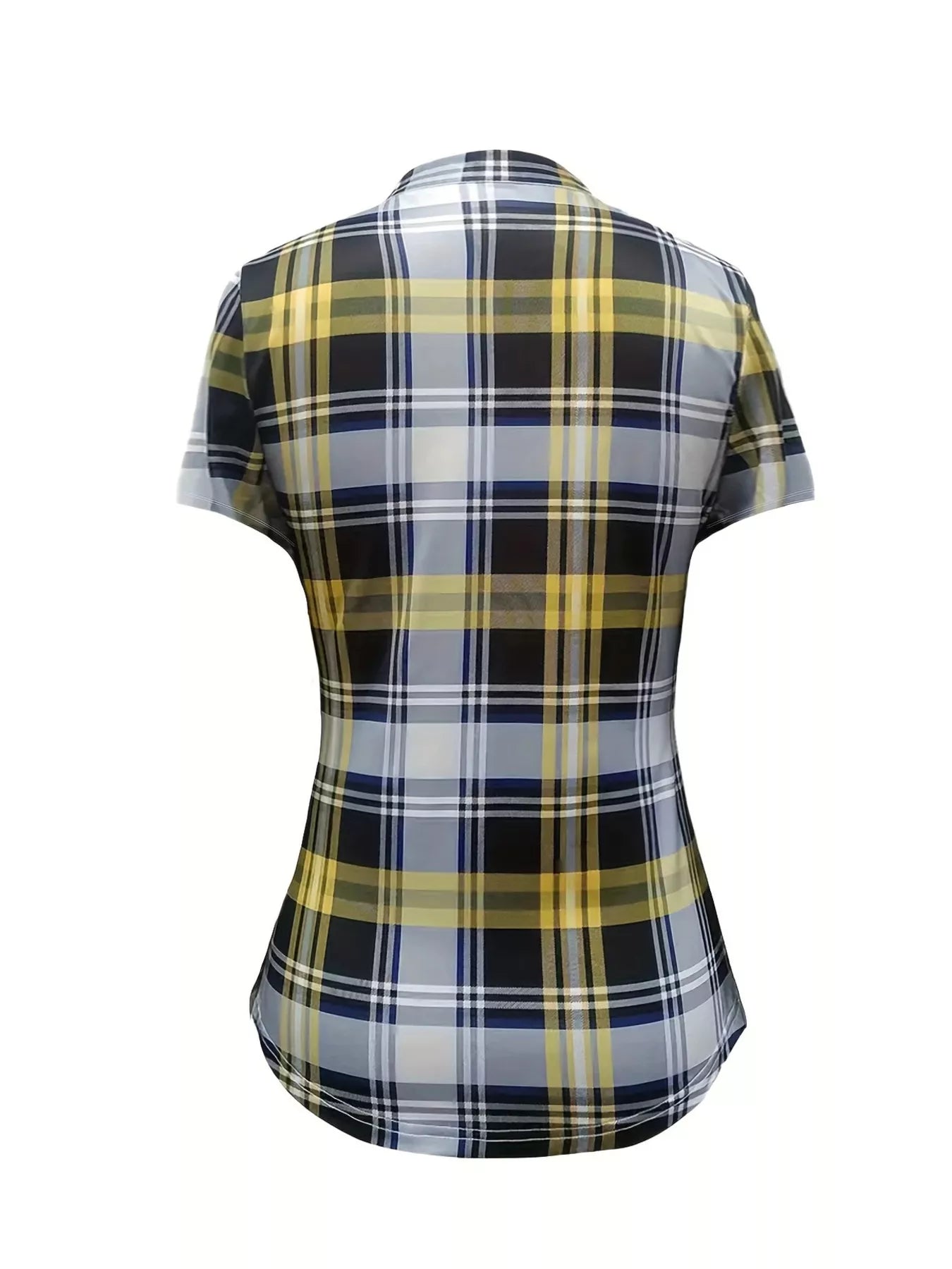 Plaid lace-up short sleeve blouse by Trendsi featuring a stylish pattern and relaxed fit, shown on a model.