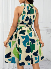 Women's Casual Summer Dress - Notch V-Neck Geometric Print with Bow Waist Tie, Lightweight Machine-Washable A-Line Silhouette for Spring/Summer, Versatile for Casual & Semi-Formal Occasions, Cute Summer Dresses