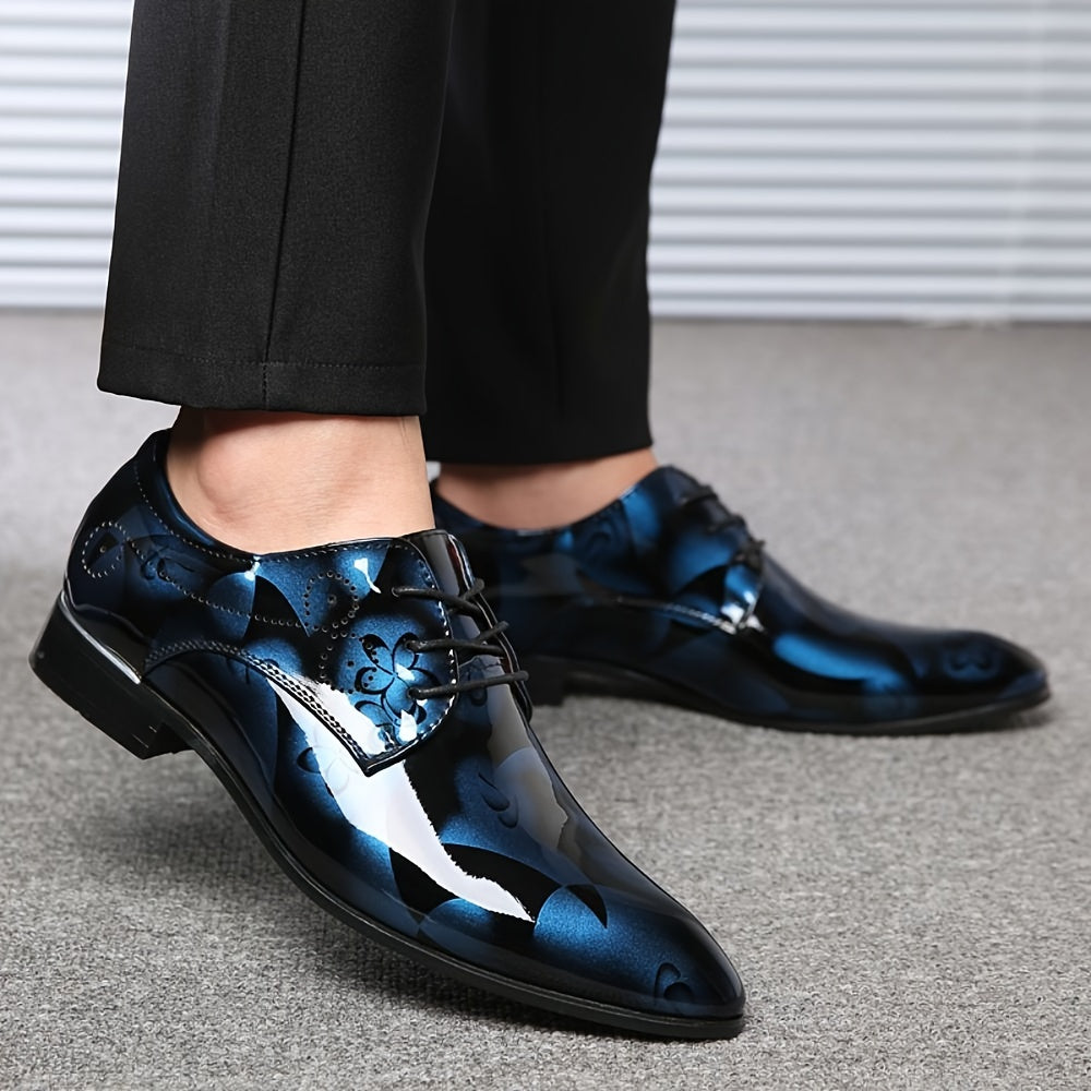 SHOWLU Men's flower print pointed toe PU leather dress shoes with stylish floral pattern for business or formal wear