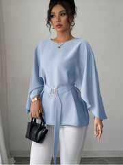 Elegant Light Blue Long Sleeve Blouse with Belted Waist - Chic Crew Neck, Flowy Design, Perfect for Casual or Formal Occasions, Casual Wear Blouse | Belted Waist Top | Structured Shoulders