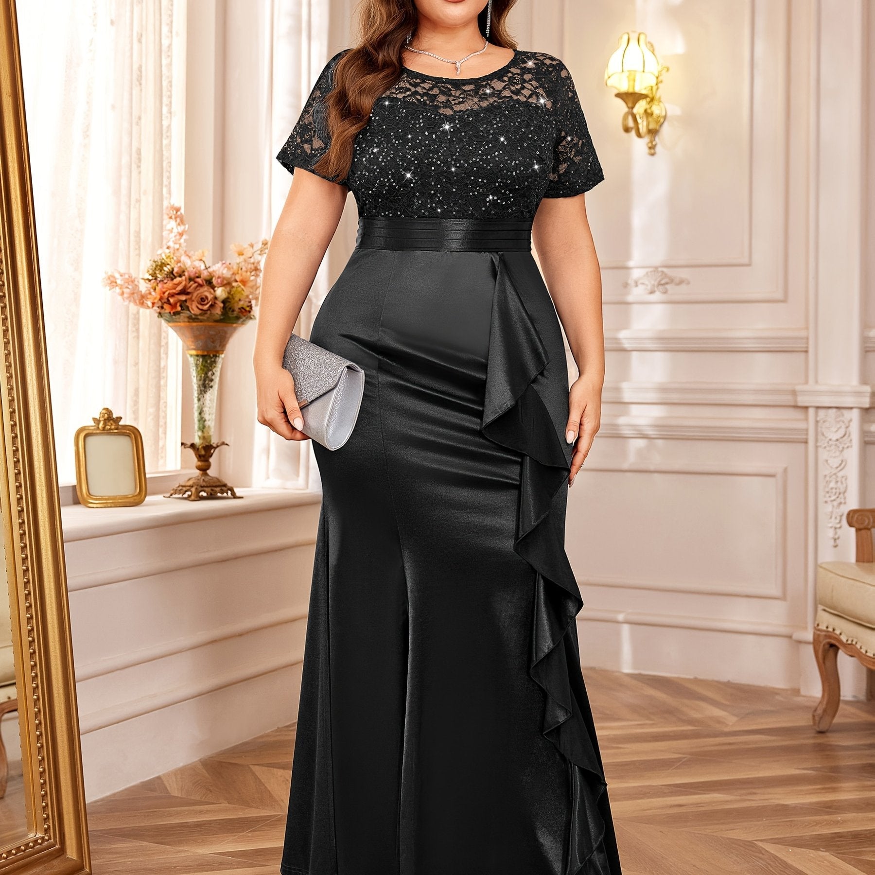 Plus size Showlu Women's lace sequin mermaid bridesmaid dress with intricate lace details and shimmering sequins.
