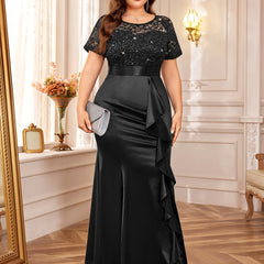P54328A Elegant Women's Plus Size Lace Contrast Satin Sequin Bridesmaid Dress, Round Neck Short Sleeve, Empire Waist, Slim Fitting, Ruffled Mermaid Hem, Perfect for Formal Evenings, Weddings, Parties SHOWLU FASHION STORE