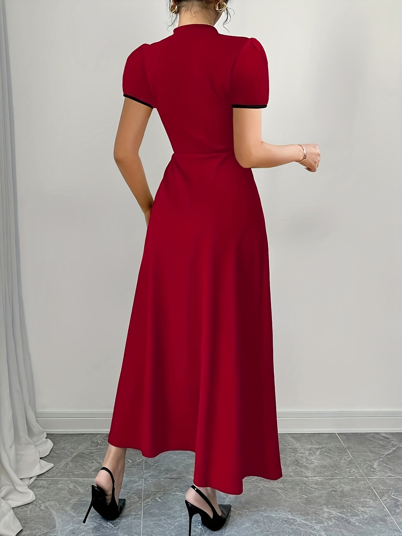Elegant women's V-neck fitted knit dress by SHOWLU FASHION in solid color, showcased on a model.