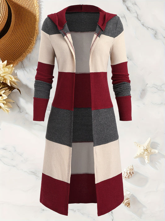 Women's Casual Hooded Long Sleeve Cardigan - Maroon & Color-Block Design, Machine Washable Fall Winter Warm Coat with Front Pockets, Seasonal Fashion, Relaxed Fit, Quality Stitching, Autumn Wardrobe