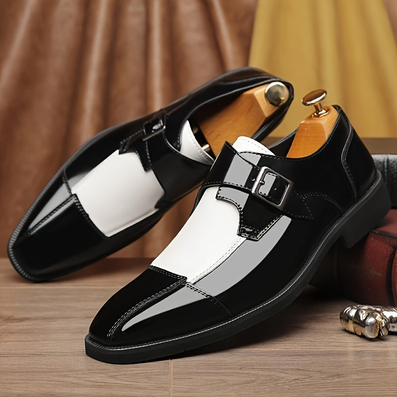 Men's SHOWLU plaid microfiber leather Oxford dress shoes with buckle detail, stylish footwear for formal or casual occasions.