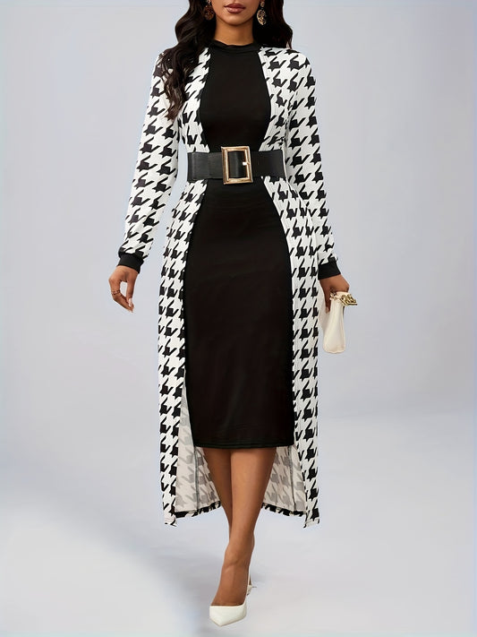 Women's Fashionable and Elegant Casual Houndstooth Pattern Long Sleeve Dress without Belt, Elegantly Targeted
