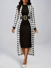Women's Fashionable and Elegant Casual Houndstooth Pattern Long Sleeve Dress without Belt, Elegantly Targeted