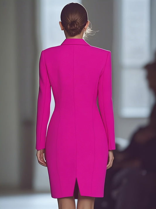 Women'S Bright Pink Long Sleeve Blazer Dress - Elegant Mid-Length Office & Casual Style with Double-Breasted Notch Lapel, Polyester Blend, Spring/Summer Collection, Versatile Fashion | Notch Lapel Dress | Structured Fit
