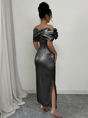 [Elegant Bodycon Dress] Red Women's Elegant Off-Shoulder Bodycon Maxi Dress | Ruching Detail, Low Slit, Waist-Cinching, Perfect for Spring/Summer Events, Formal Event Attire