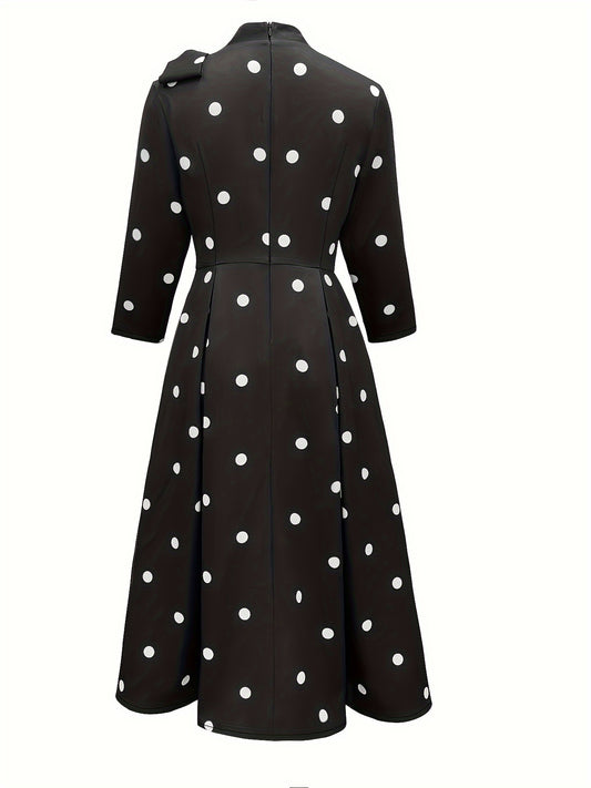 Elegant Fit and Flare Polka Dot Dress with High Neck and Three Quarter Length Sleeves - 100% Polyester A-Line Dress with Back Zipper Detail for All Seasons