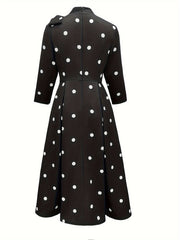 Elegant Fit and Flare Polka Dot Dress with High Neck and Three Quarter Length Sleeves - 100% Polyester A-Line Dress with Back Zipper Detail for All Seasons