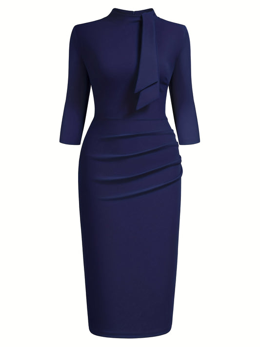 Stunning Three-Quarter Sleeve Sheath Dress - Elegant Tie-Neck Design, Draped Silhouette, Comfortable Wear for Spring & Summer - Women's Classic Clothing for Daily Life, Outdoor Events, and Work