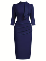 Stunning Three-Quarter Sleeve Sheath Dress - Elegant Tie-Neck Design, Draped Silhouette, Comfortable Wear for Spring & Summer - Women's Classic Clothing for Daily Life, Outdoor Events, and Work