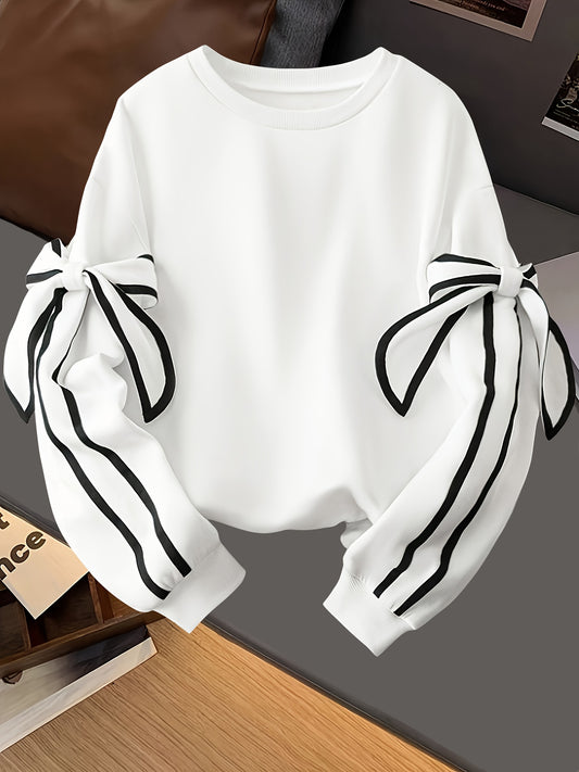 [Women's Sweatshirt] Women's Autumn Winter Casual Chic Sweatshirt - White Long Sleeve Ruffled Sleeve Accents, Machine Washable Warm Pullover for Everyday Outfits, Cute Sweatshirts, Youthful Fashion Top, Decorative Sleeve Ties