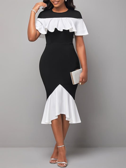 [Elegant Bodycon Dress] Stretchy Elegant Women's Bodycon Fishtail Dress | Contrast Trim Ruched Waist, Round Neck, Solid Color, Machine Washable, Tight Fitted, Versatile Outfit, Chic Style, Sleek Material