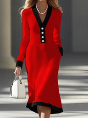 Elegant Women's V-Neck Midi Dress with Contrast Black Trim & Pockets - Long Sleeve A-Line Skirt, Button Detail, Machine Washable Work Commute Dress for Spring Summer Fall, Nontransparent Material, Medium Elasticity Fabric, Of