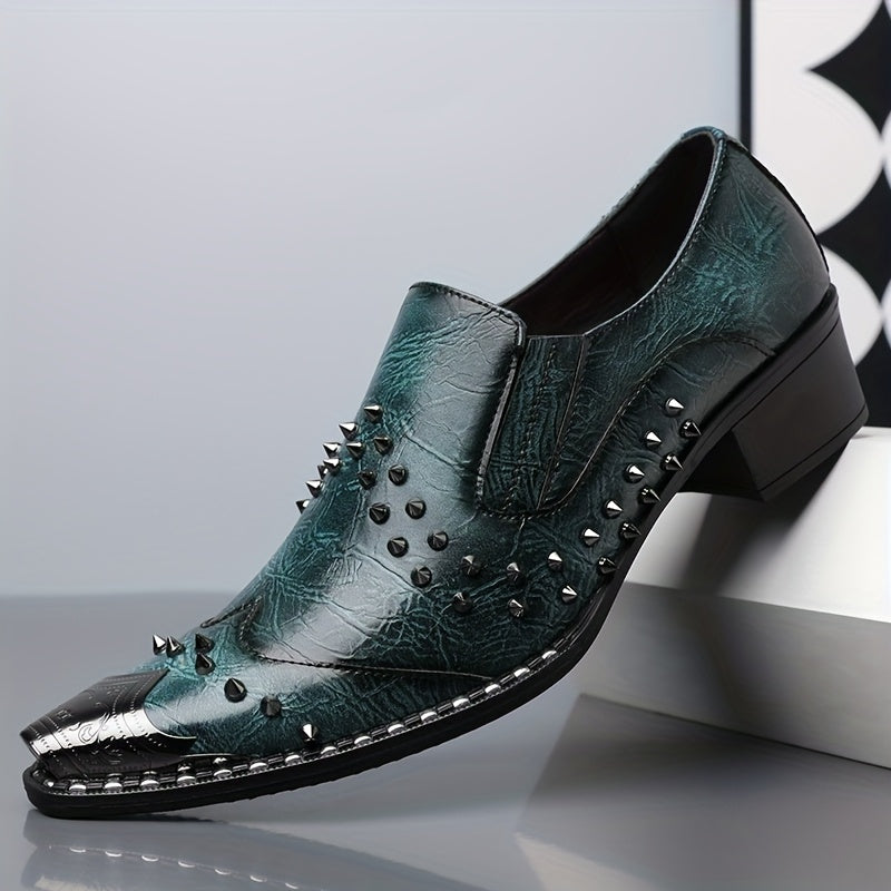 Men's pointed toe slip-on business casual shoes by Showlu Fashion featuring punk style PU material and sleek design.