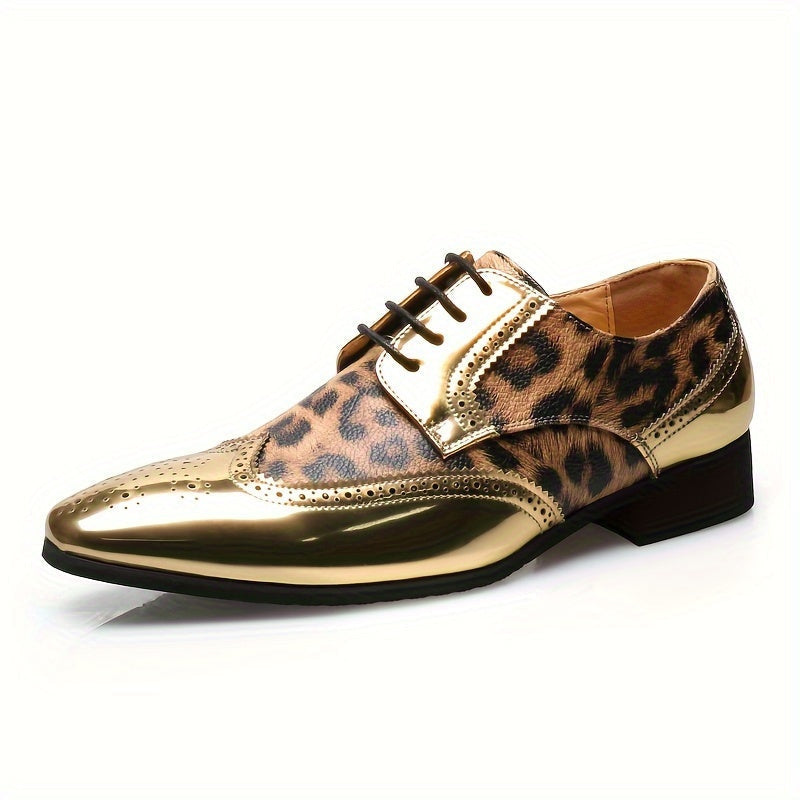 SHOWLU Men's leopard print oxford dress shoes with pointed toe and brogue detailing, stylish men's footwear for formal occasions