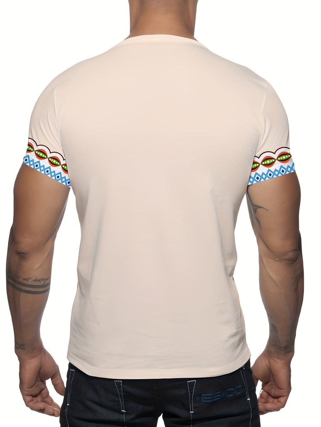 SHOWLU Men's African Print T-Shirt in white with tribal knit crew neck, featuring vibrant African-inspired patterns.