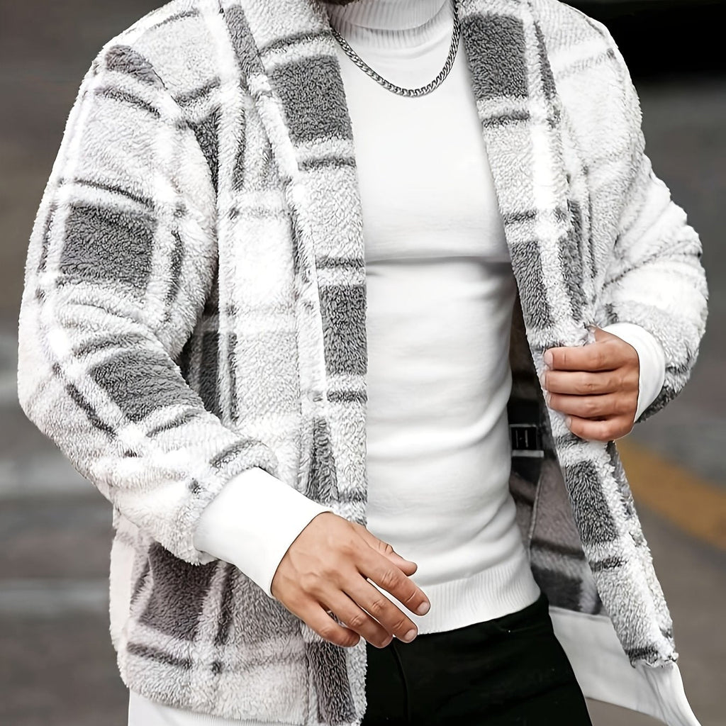 Men's black and yellow checkered plush fleece jacket by SHOWLU FASHION STORE, featuring soft thermal fabric and cozy warmth.