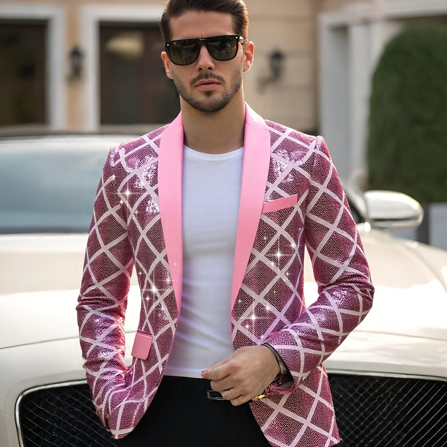 Men's Sequin-Embellished Blazer - Notched Lapel Party Jacket, Structured H-Fit Formal Coat for Weddings, Stage Performances, Events - Year-Round Evening Attire with Button Front Closure, Wedding Guest Attire, Notch Lapel Desi