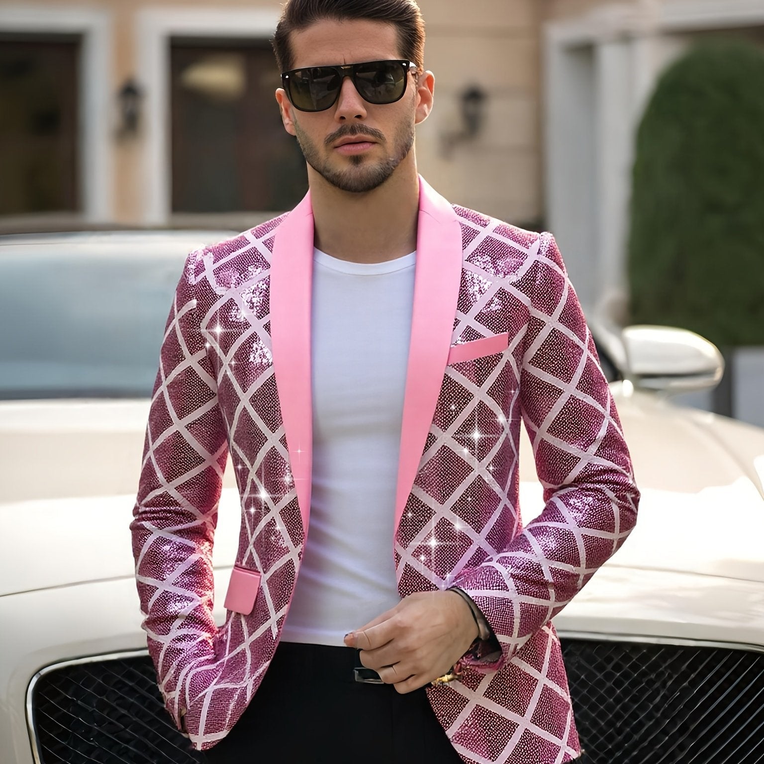 Men's sequin party blazer by SHOWLU FASHION with geometric notched lapel, stylish and eye-catching for special occasions.