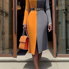 Women's Elegant Color-Block Panel Crewneck Long Sleeve Slit Dress with Belt - Stretchy Fabric, Fitted Silhouette, All-Season Versatile for Casual & Formal Occasions, Long Sleeve Dresses, Sophisticated Fashion, Comfortable Wea