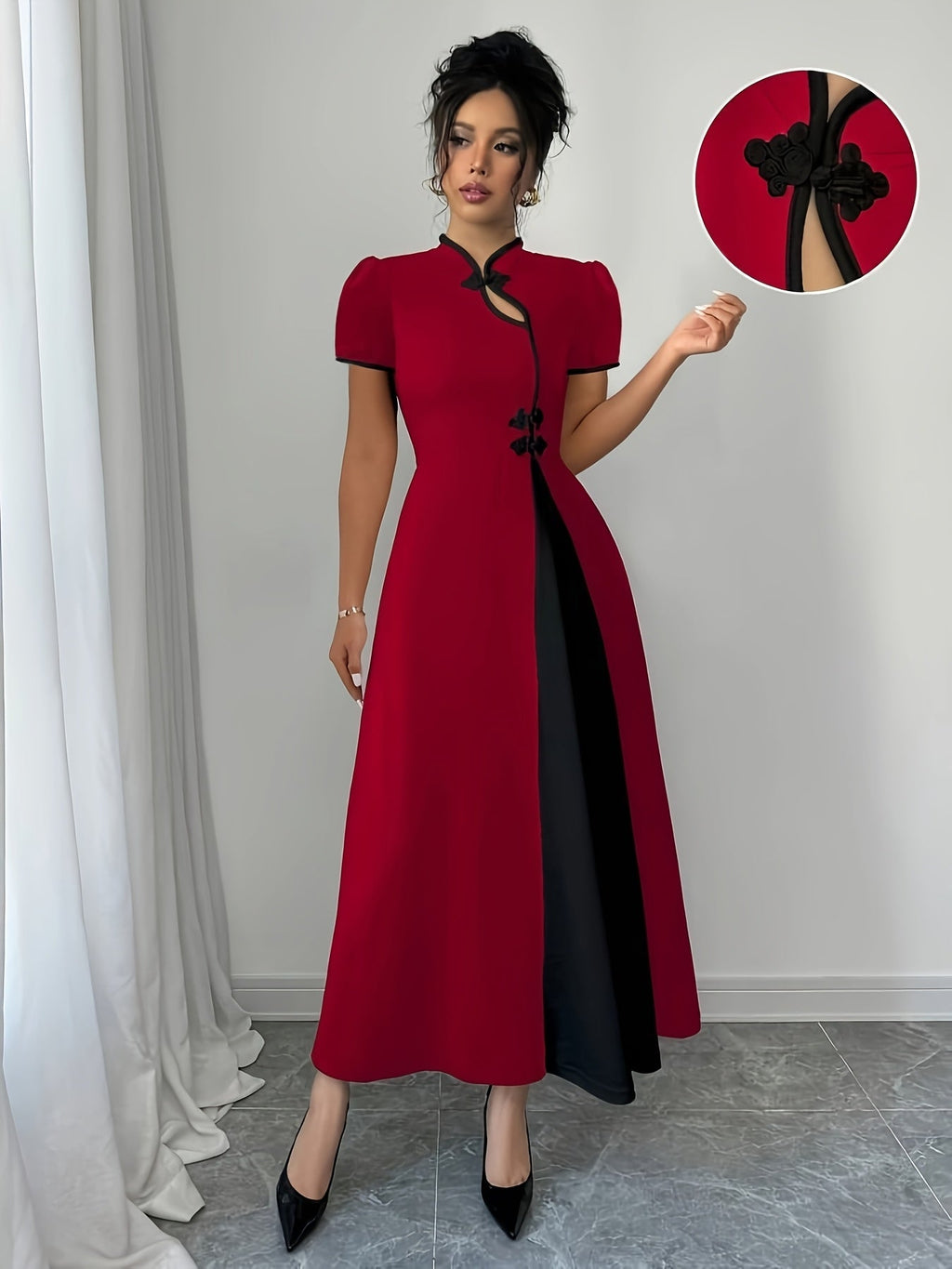 Elegant SHOWLU FASHION women's V-neck fitted knit dress in solid color, showcasing a close-up of the dress's neckline and fabric detail.