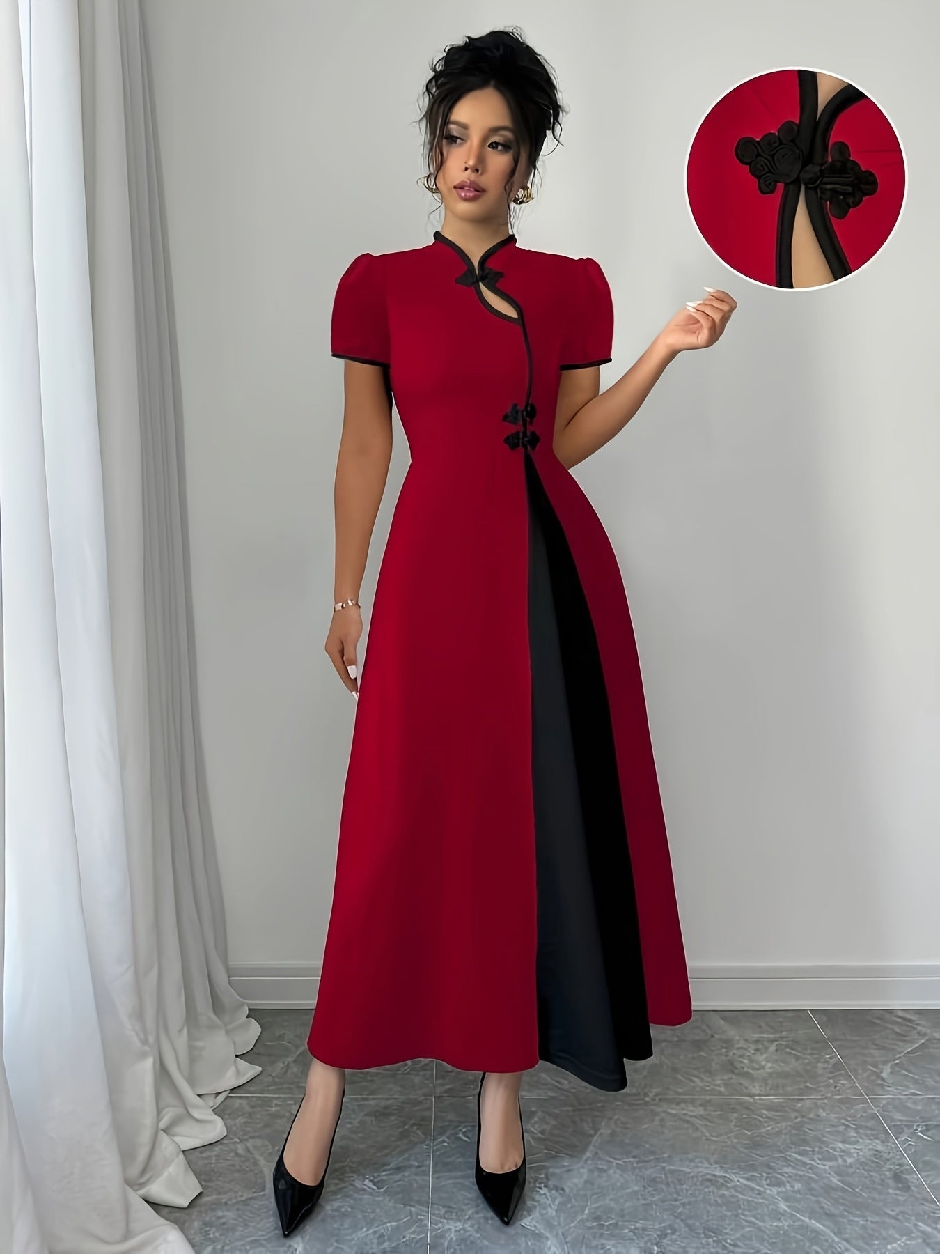 Elegant SHOWLU FASHION women's V-neck fitted knit dress in solid color, showcasing a close-up of the dress's neckline and fabric detail.