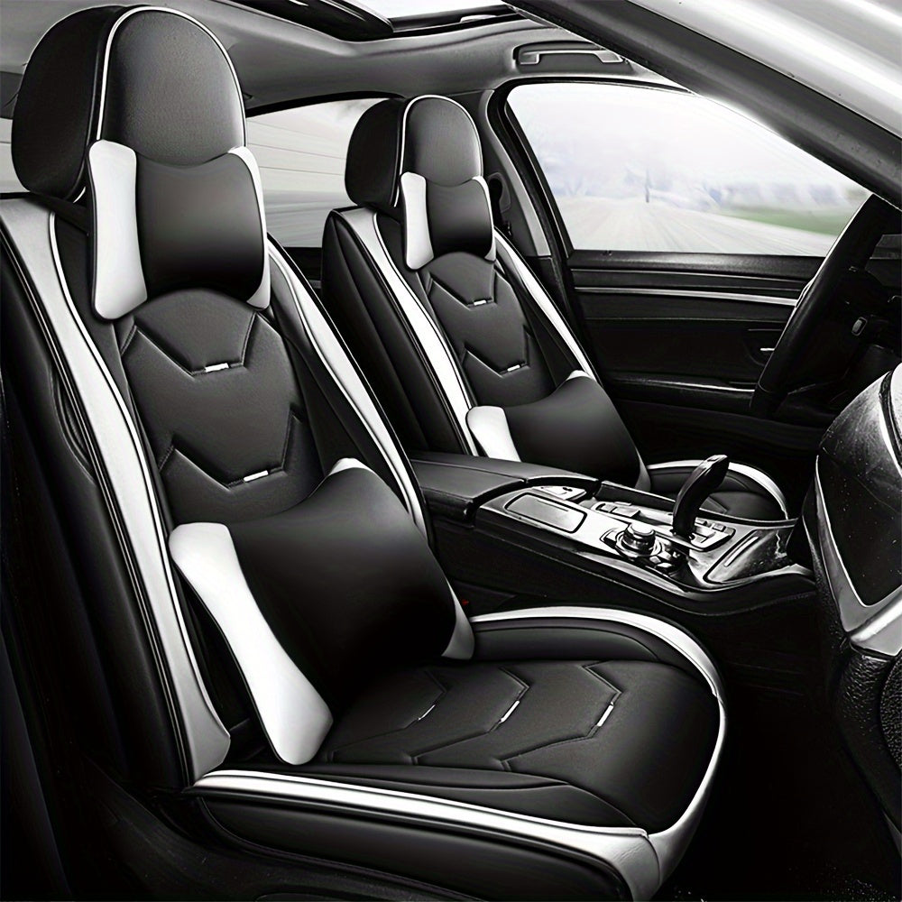 Showlu Fashion faux leather car seat covers on a 5-seat vehicle, showcasing universal fit and sleek black design.