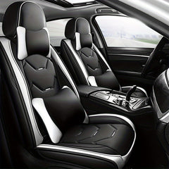 w/Pillows 5 Seats Cover For Car Faux Leather Waterproof Full Surrounded Front Rear Seat Cushion Protector Universal fit
