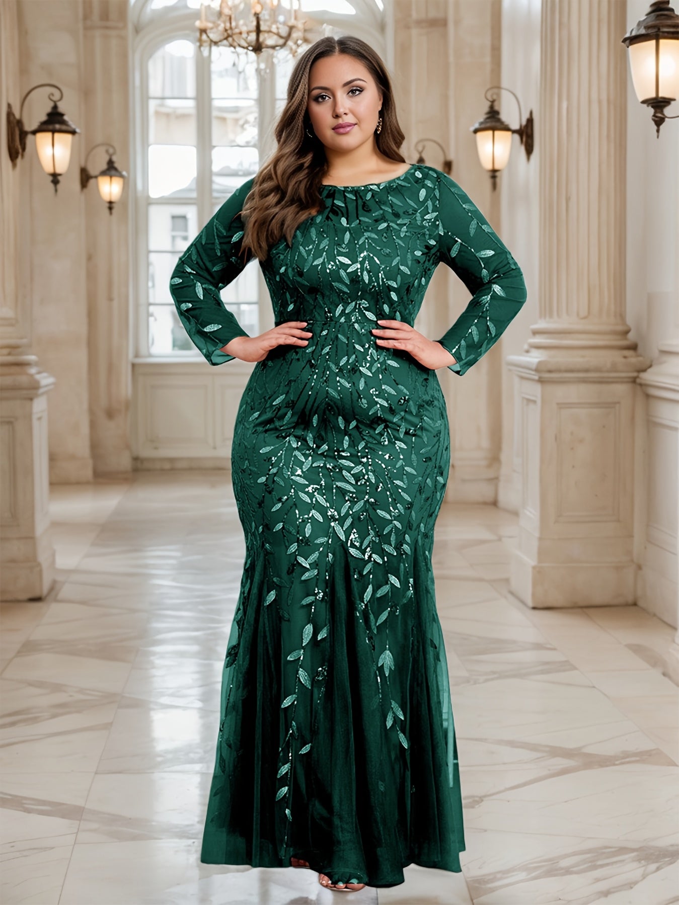 Plus size sequin floral mermaid dress with shawl by Showlu Fashion, featuring shimmering sequins and a fitted silhouette.