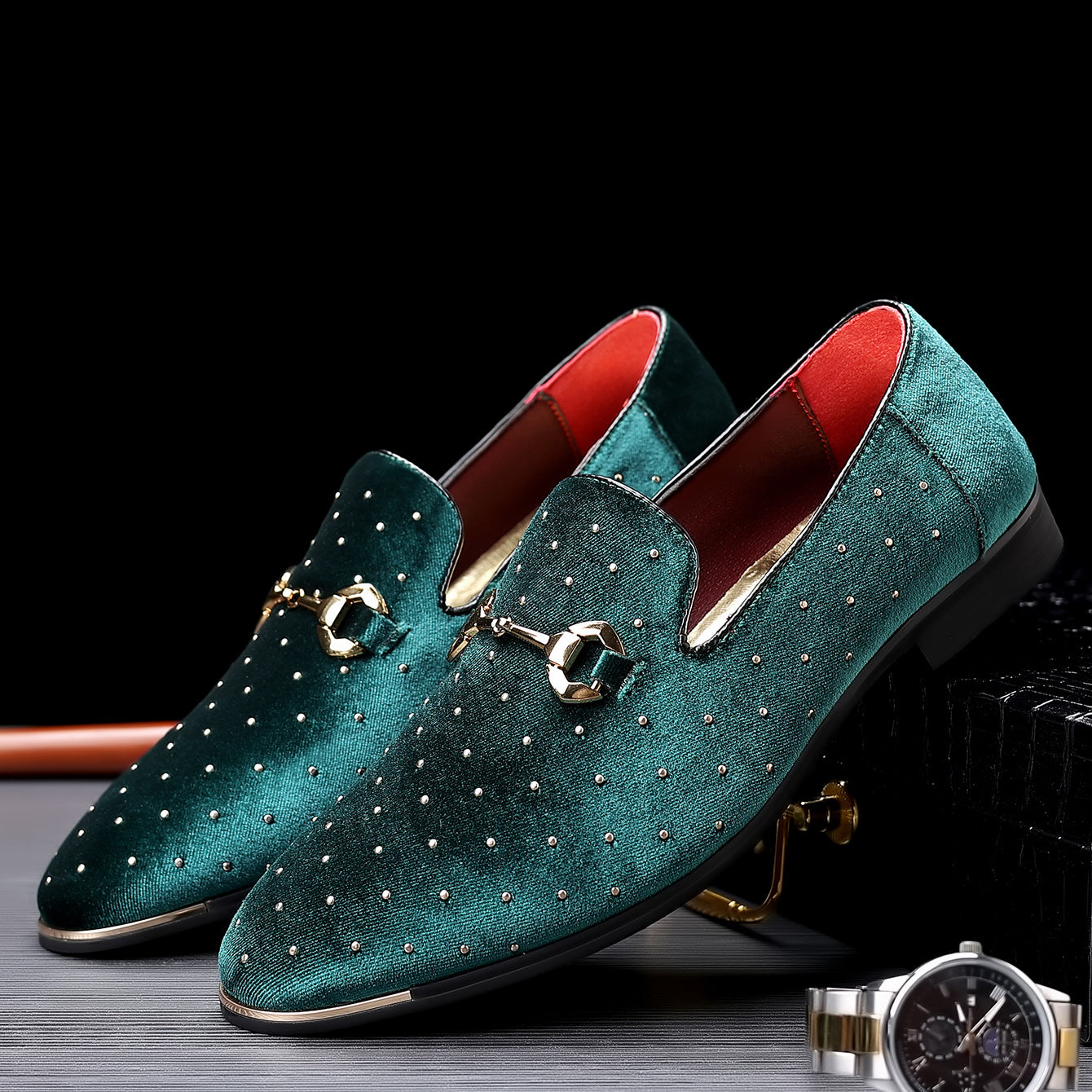 SHOWLU FASHION men's horsebit loafers with rhinestone glitter detail, stylish dress shoes with a sleek leather finish and decorative hardware