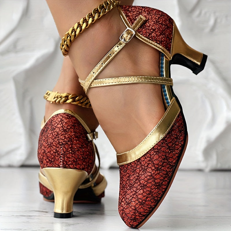 SHOWLU Women's Glitter Latin Dance Shoes with chunky mid heel and D'Orsay design, featuring sparkling embellishments and sleek style.