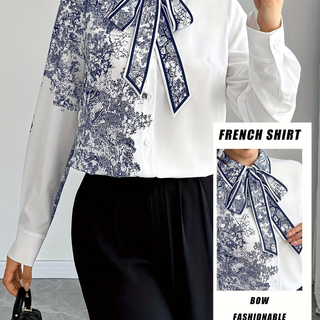 SHOWLU Women's floral bow tie blouse with semi-sheer long sleeves, stylish and elegant shirt for women.