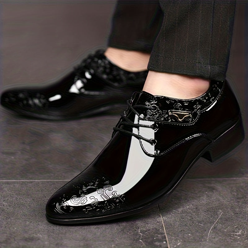 Showlu Fashion men's moire patterned derby shoes with lace-up design and PU material, suitable for formal occasions.