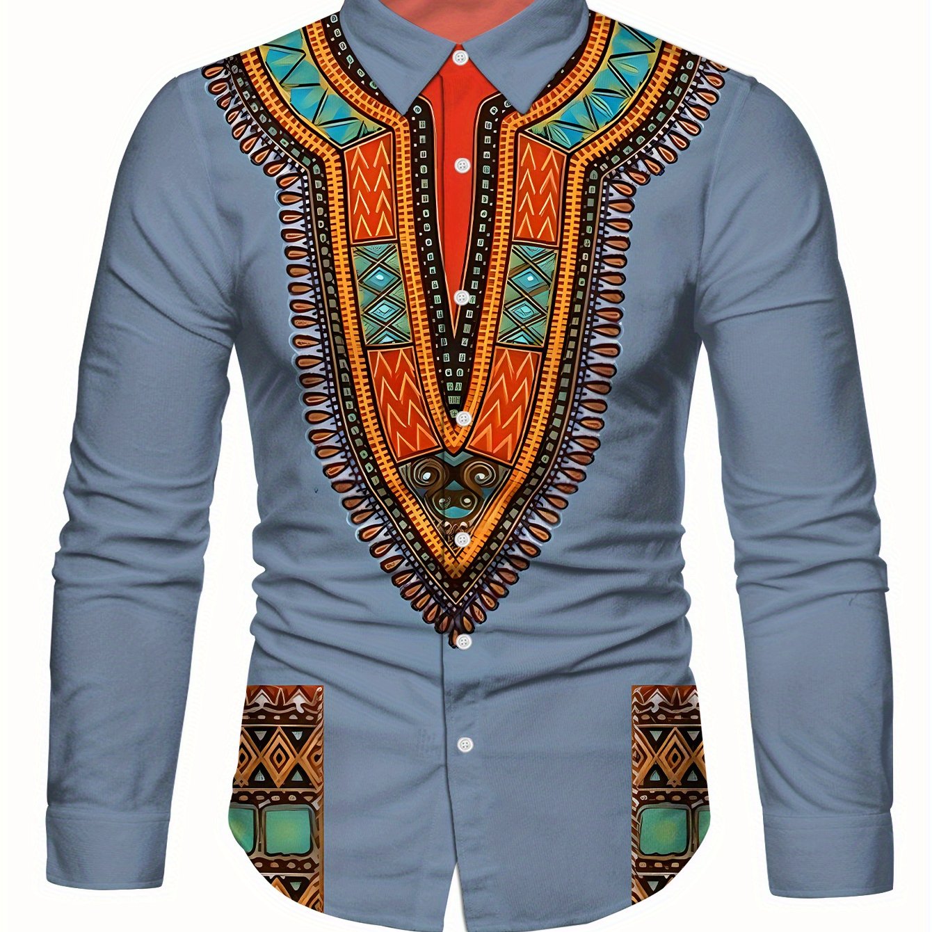 Light blue SHOWLU FASHION men's long sleeve dress shirt with mandala print, stylish and comfortable for formal or casual wear.
