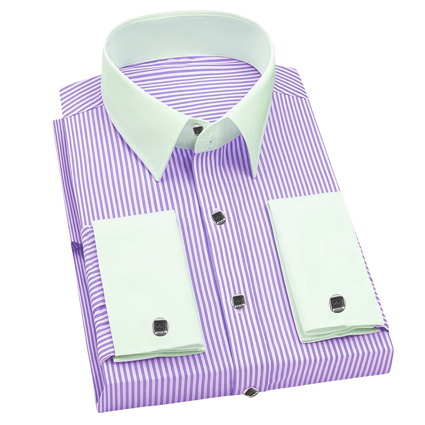 Showlu men's slim fit striped formal shirt with French cuffs, made of polyester, displayed on a hanger.