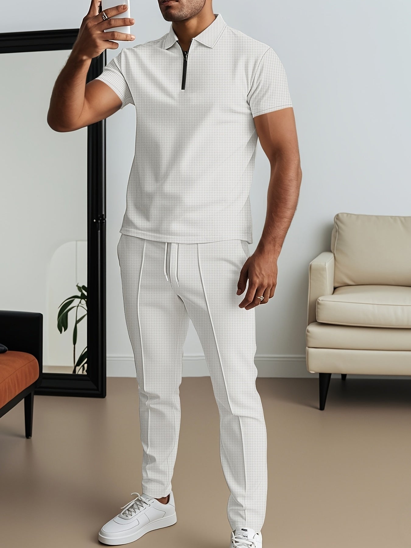SHOWLU men's waffle texture short sleeve shirt and pants 2-piece set, casual stylish clothing for men.