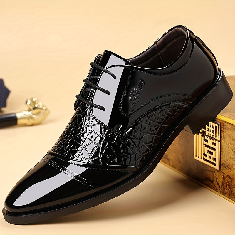 Men's glossy brown faux leather pointed toe business dress shoes by Showlu Fashion Store, showcasing sleek and polished design.